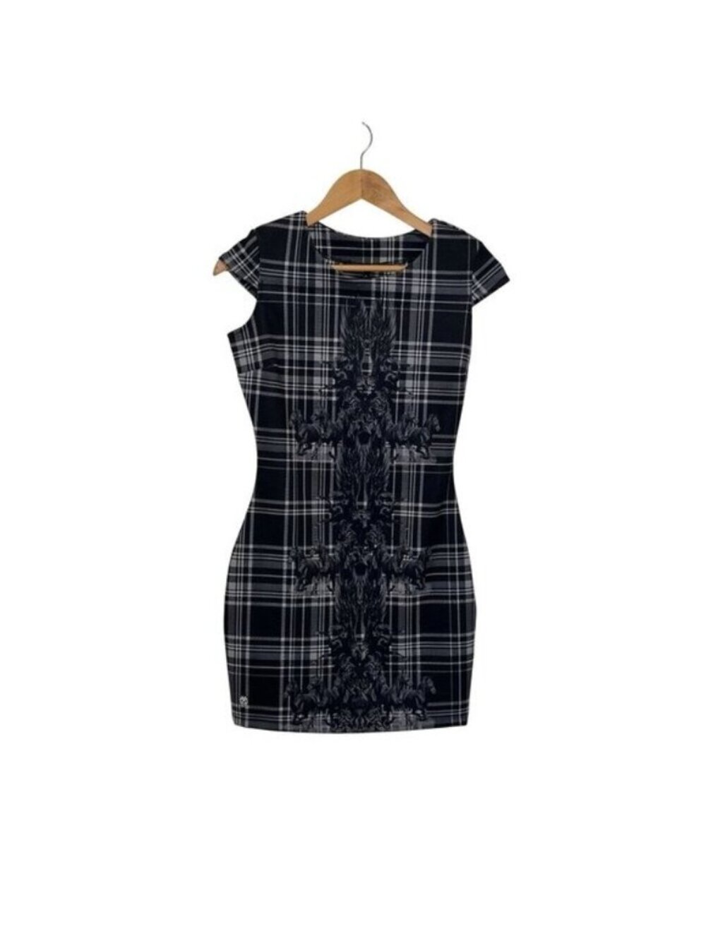 Philipp Plein Black & White Plaid Cap Sleeve Bodycon Graphic Women's Dress Size